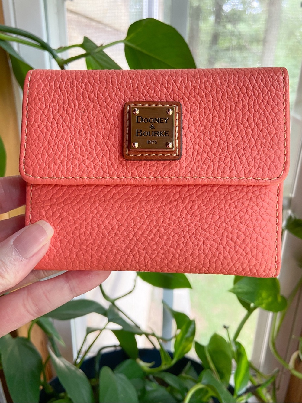 Dooney & Bourke Coral Pink Pebbled Leather Small Trifold Flap Wallet Minimalist